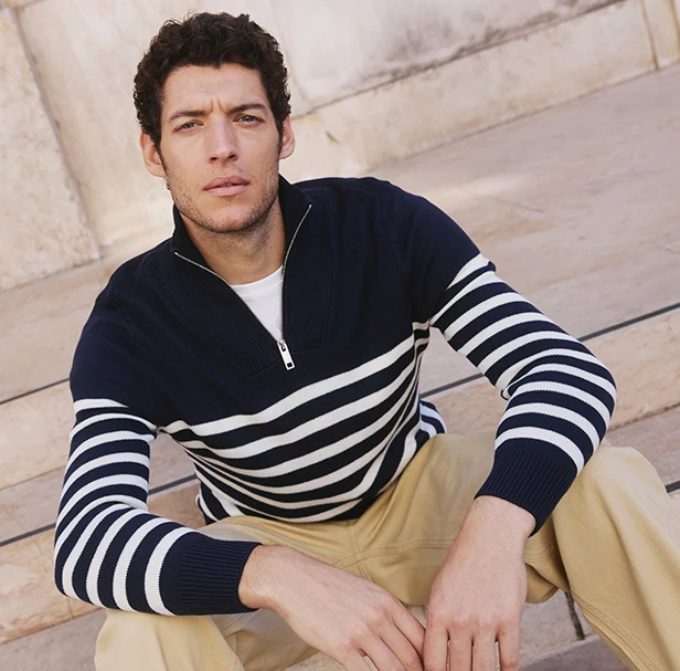 Svetr s límečkem na zip, z měkké bavlněné směsi tmavě modro-přírodní bílá s příčnými proužky