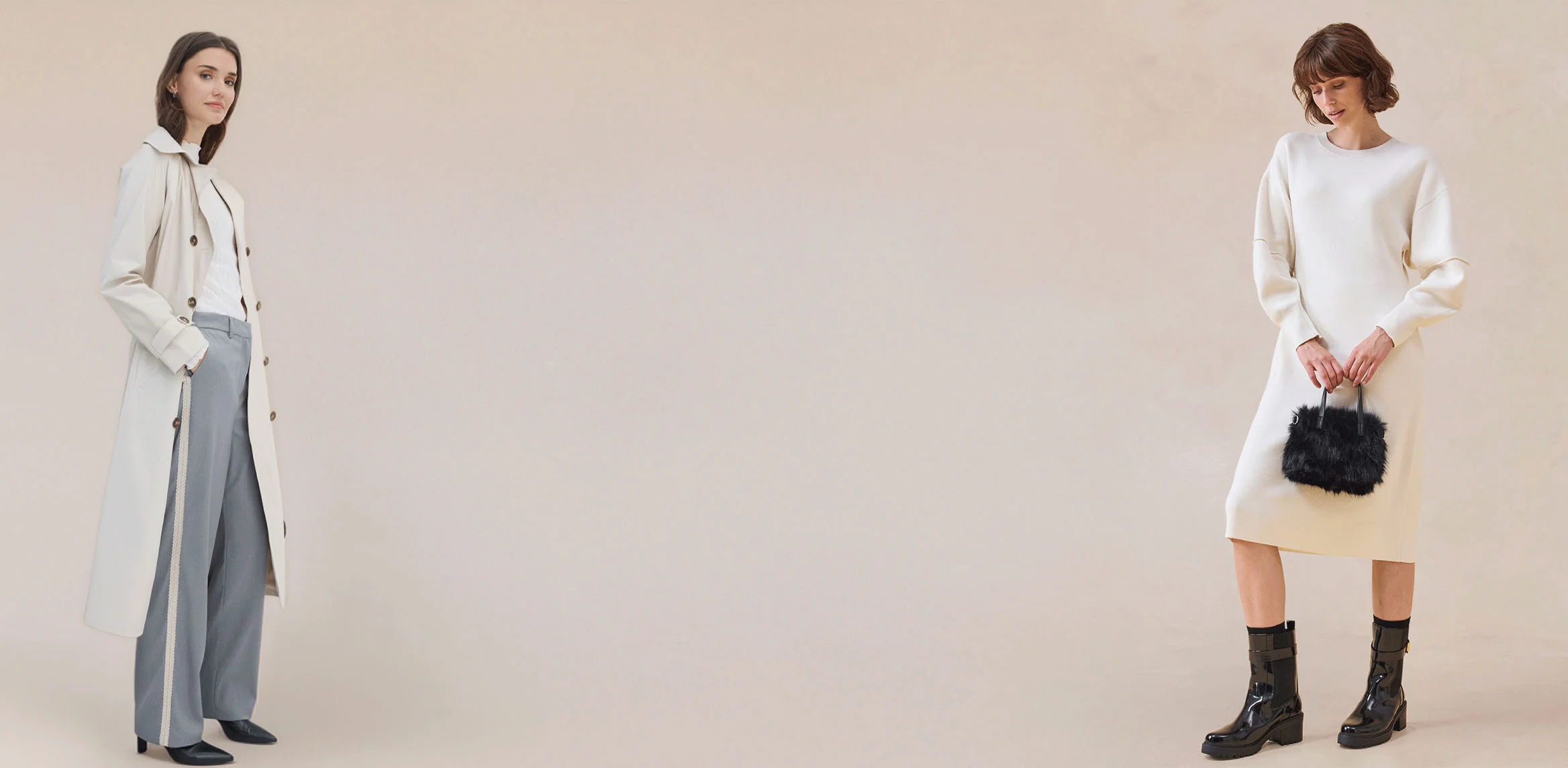 Elegantní krémová pletenina: svetr s rolákem a široké kalhoty tvoří pohodlný, stylový zimní outfit.