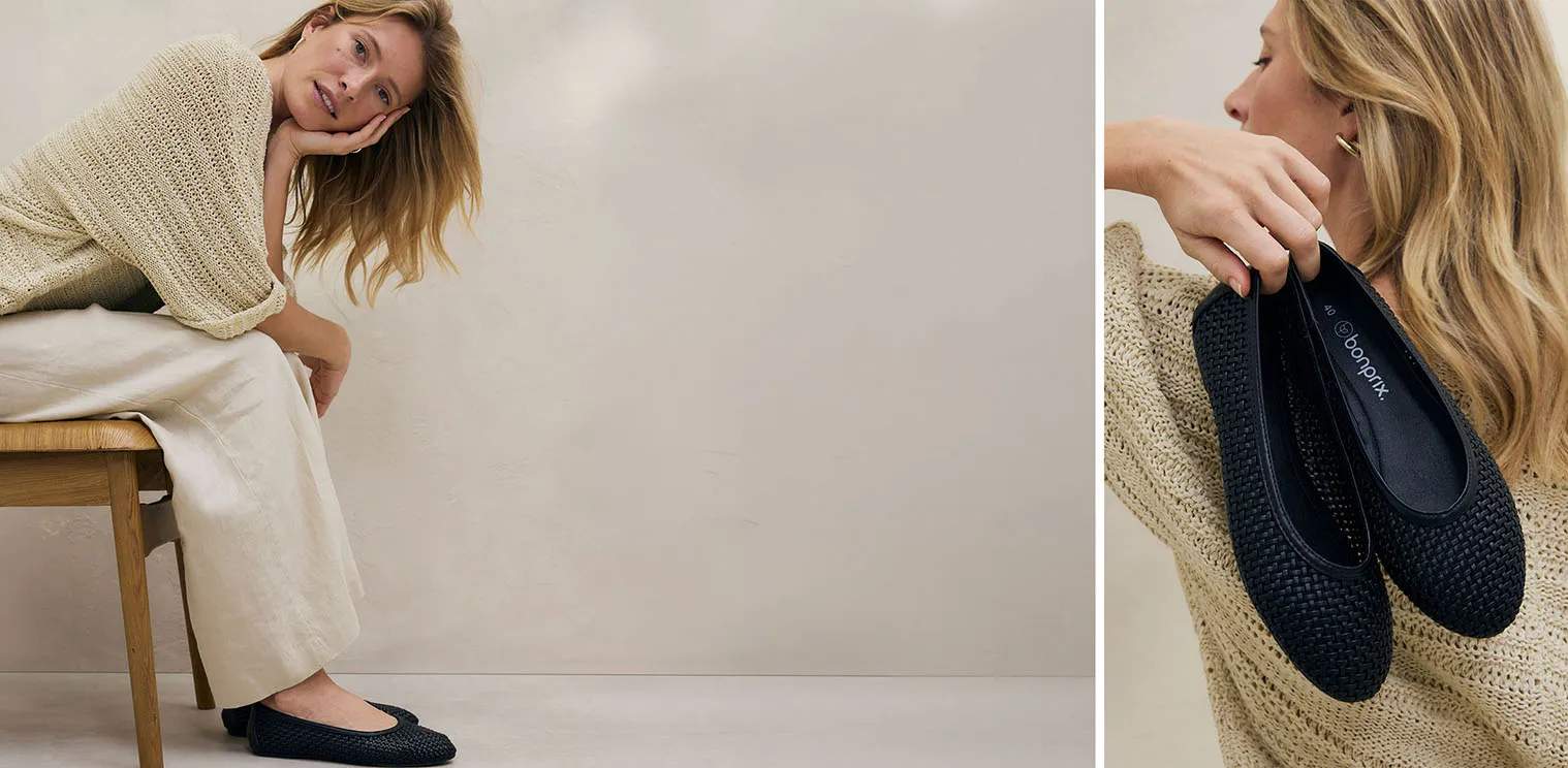 Pletený hřejivý svetr krémové barvy a široké lněné kalhoty vytvoří pohodlný, elegantní outfit.