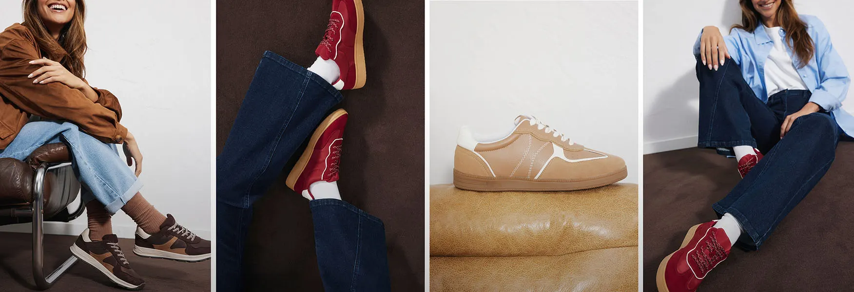 Trendy tenisky v hnědé, červené a béžové, kombinované s džínami a ležérními horními díly.